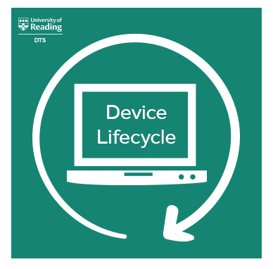 Device lifecycle square logo. Teal green background with a white computer on it with the words device lifecycle on the screen. An arrow circles around the computer to represent the lifecycle. 