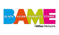The logo for the B.A.M.E. staff network at the University of Reading. The B, for black, is in blue with 'Black' written inside. The A for Asian is in orange, with the word Asian written inside. The M for minority is in light green and the word minority is written inside, and the letter E for ethnic is pink, with the word Ethnic written inside.